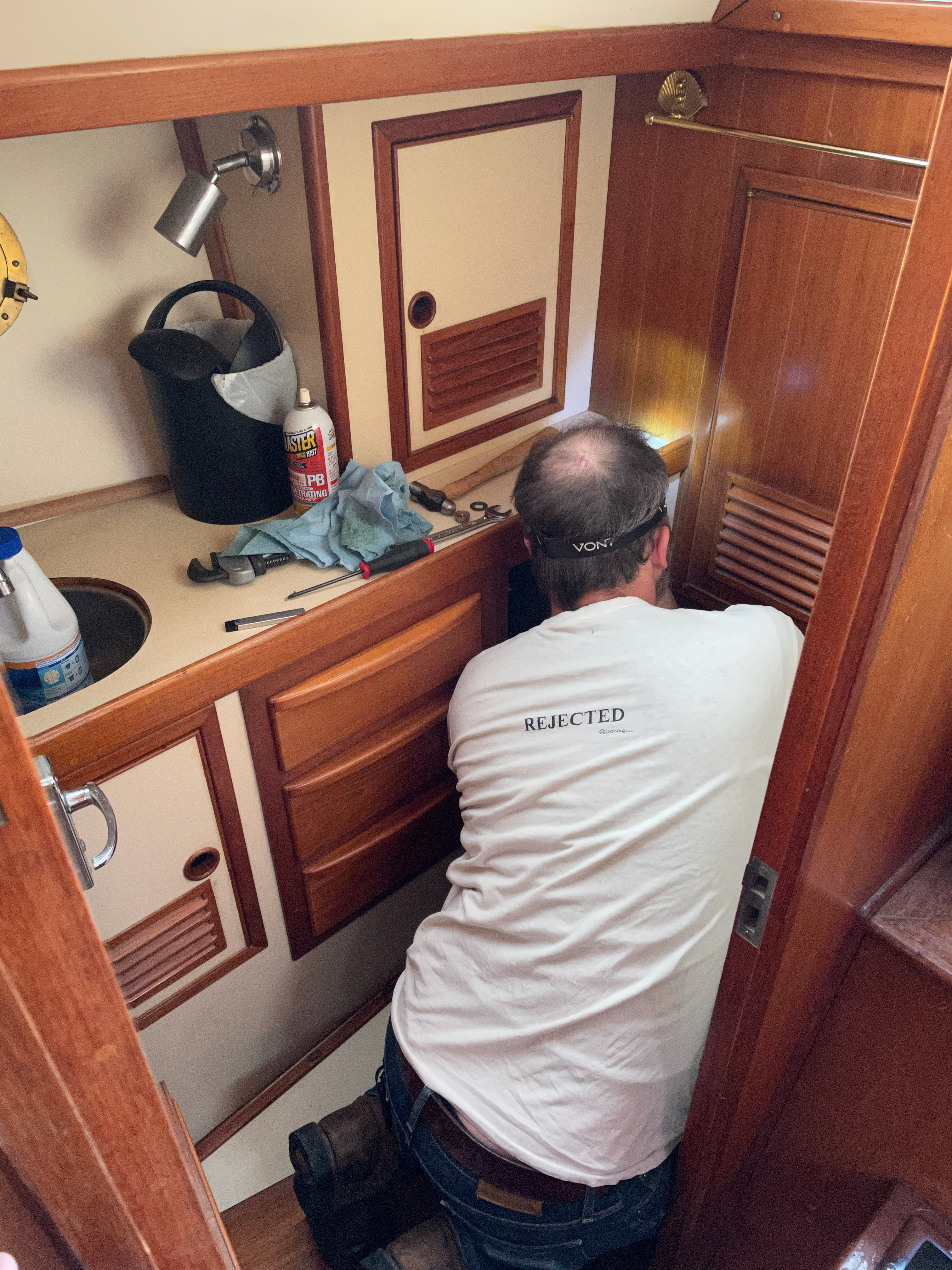 Shane working on the boat