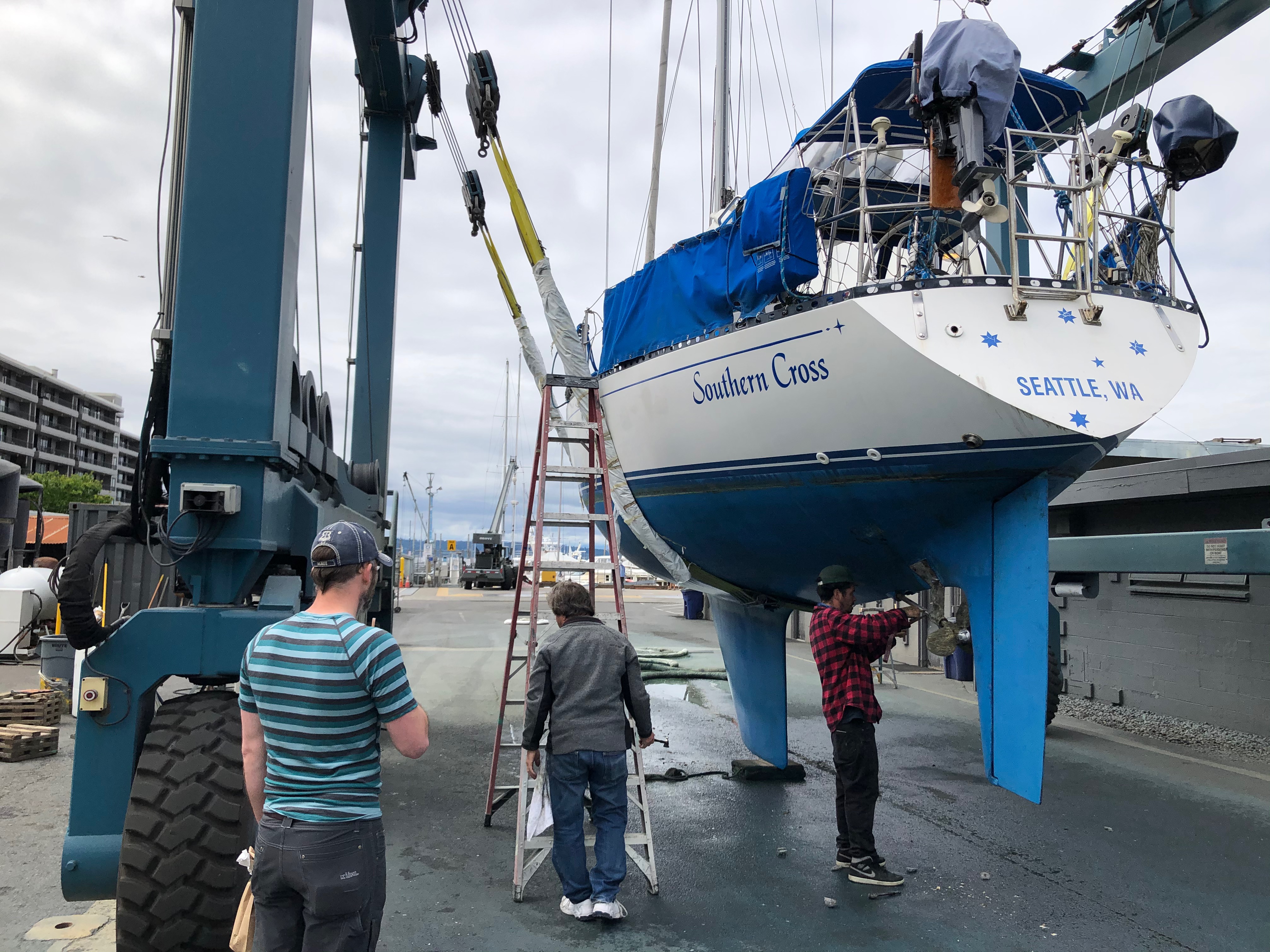 the sailboat during haul-out inspection