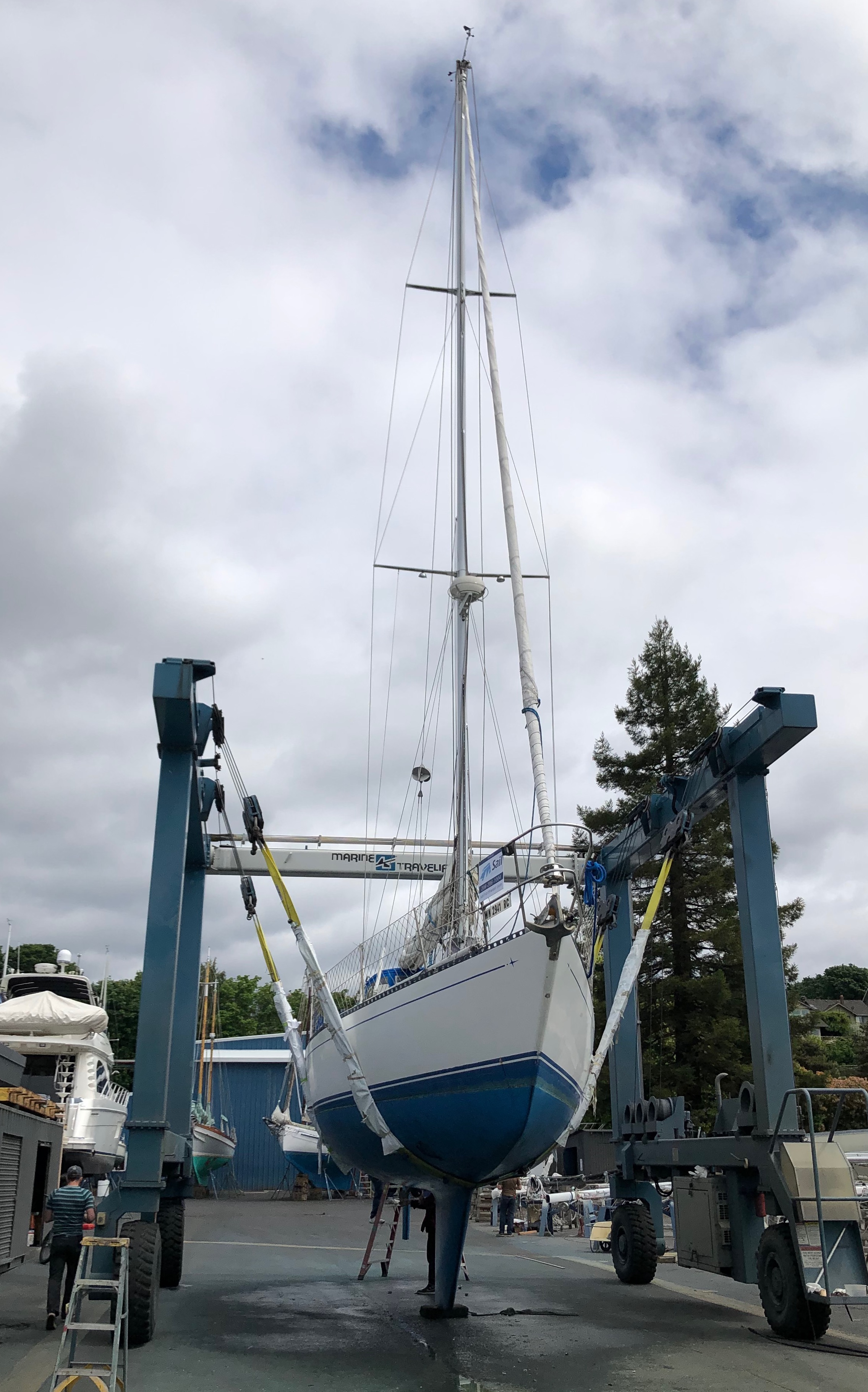 the sailboat during haul-out inspection