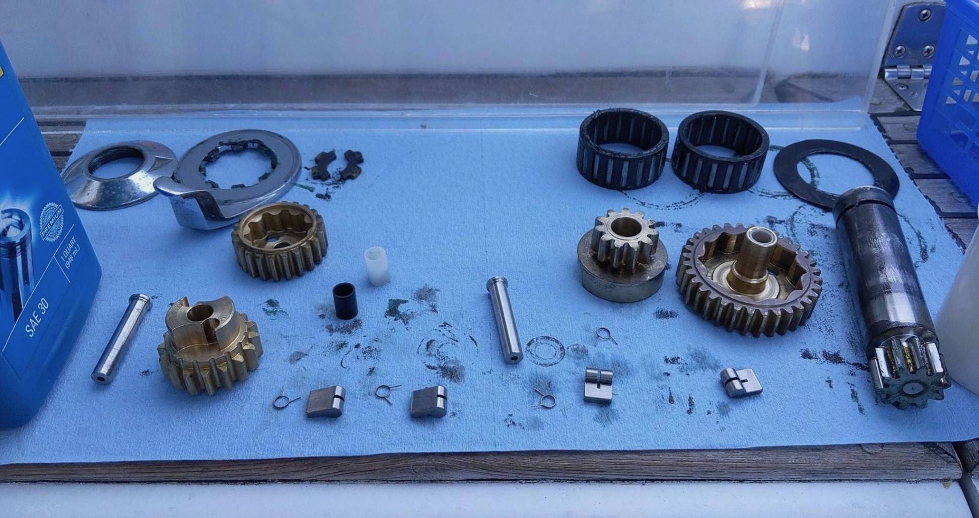 a disassembled winch after it's been cleaned