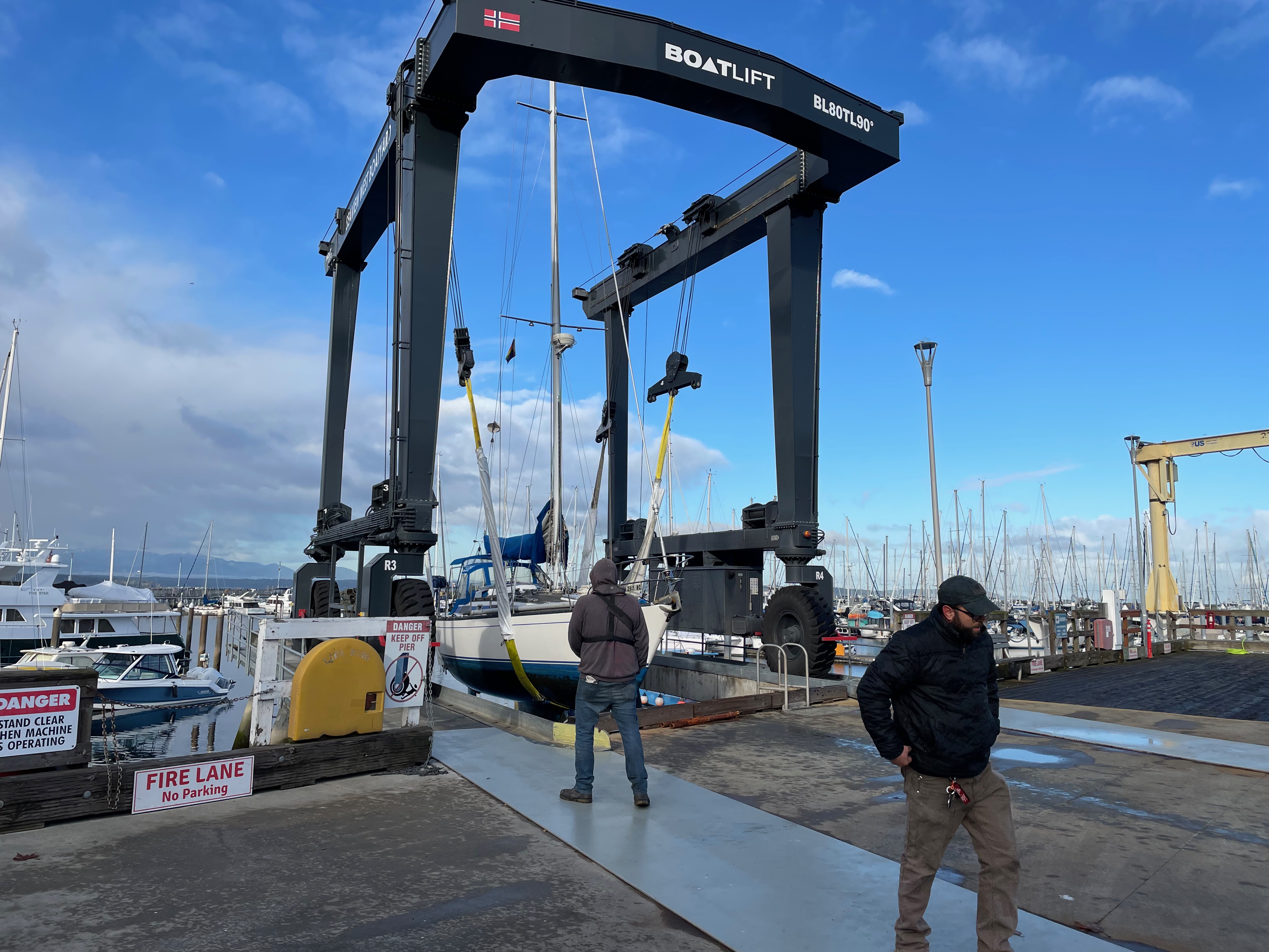 Sailboat in boat hoist