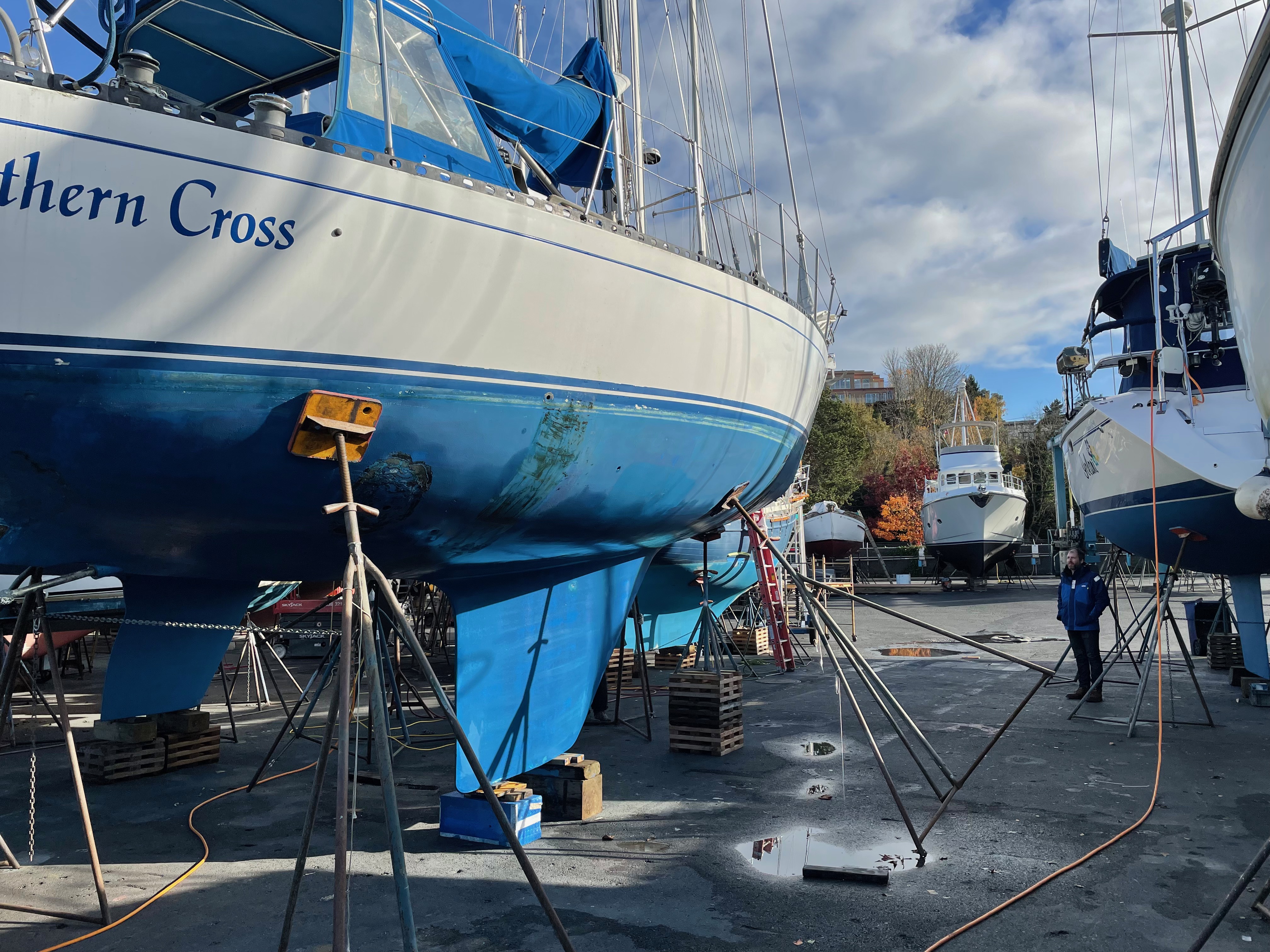 Sailboat resting in a boat yard