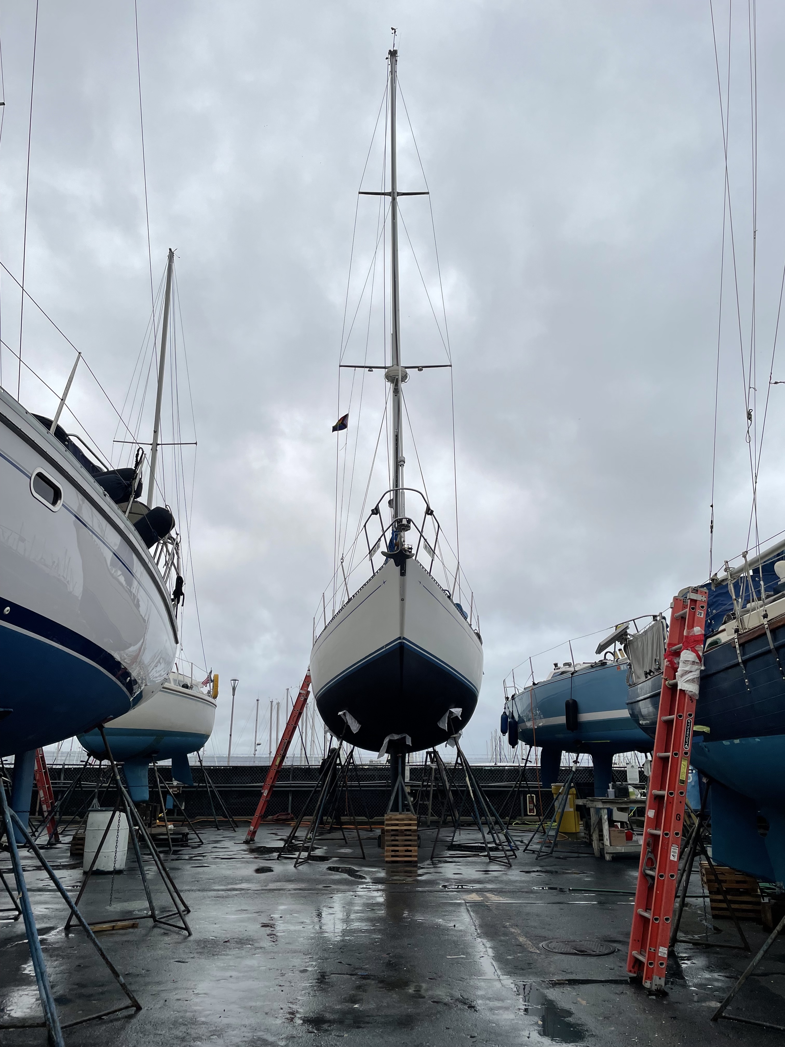 Sailboat on stands in the boatyard