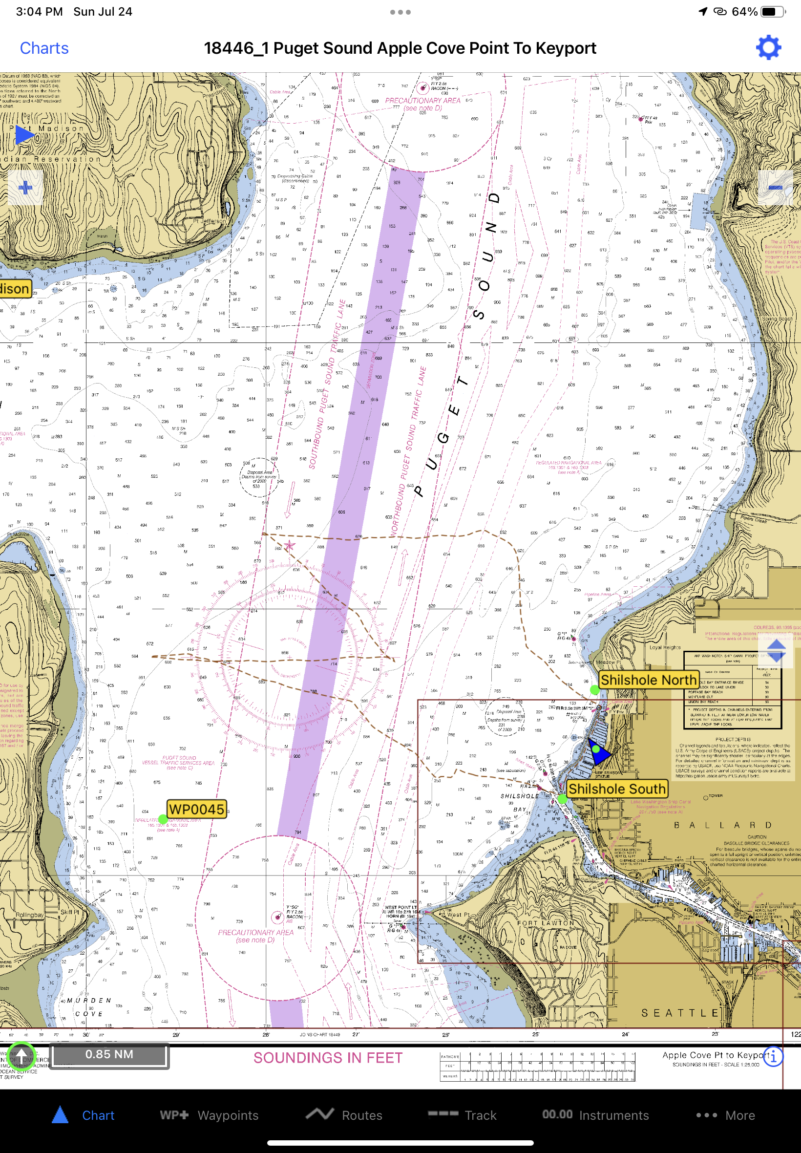 Nautical chart showing our course in Puget Sound.