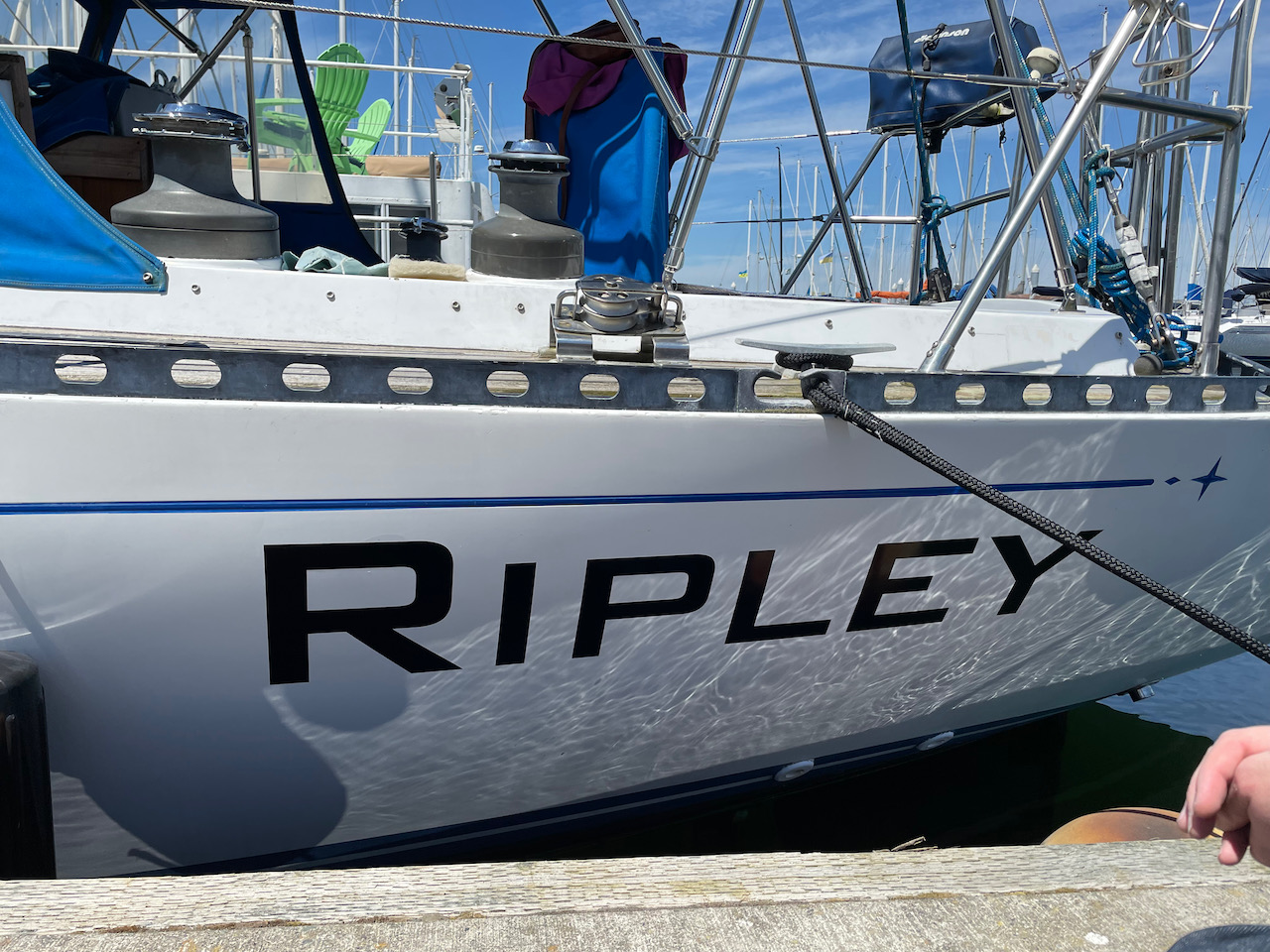 the name Ripley revealed in new vinyl letters on the boat