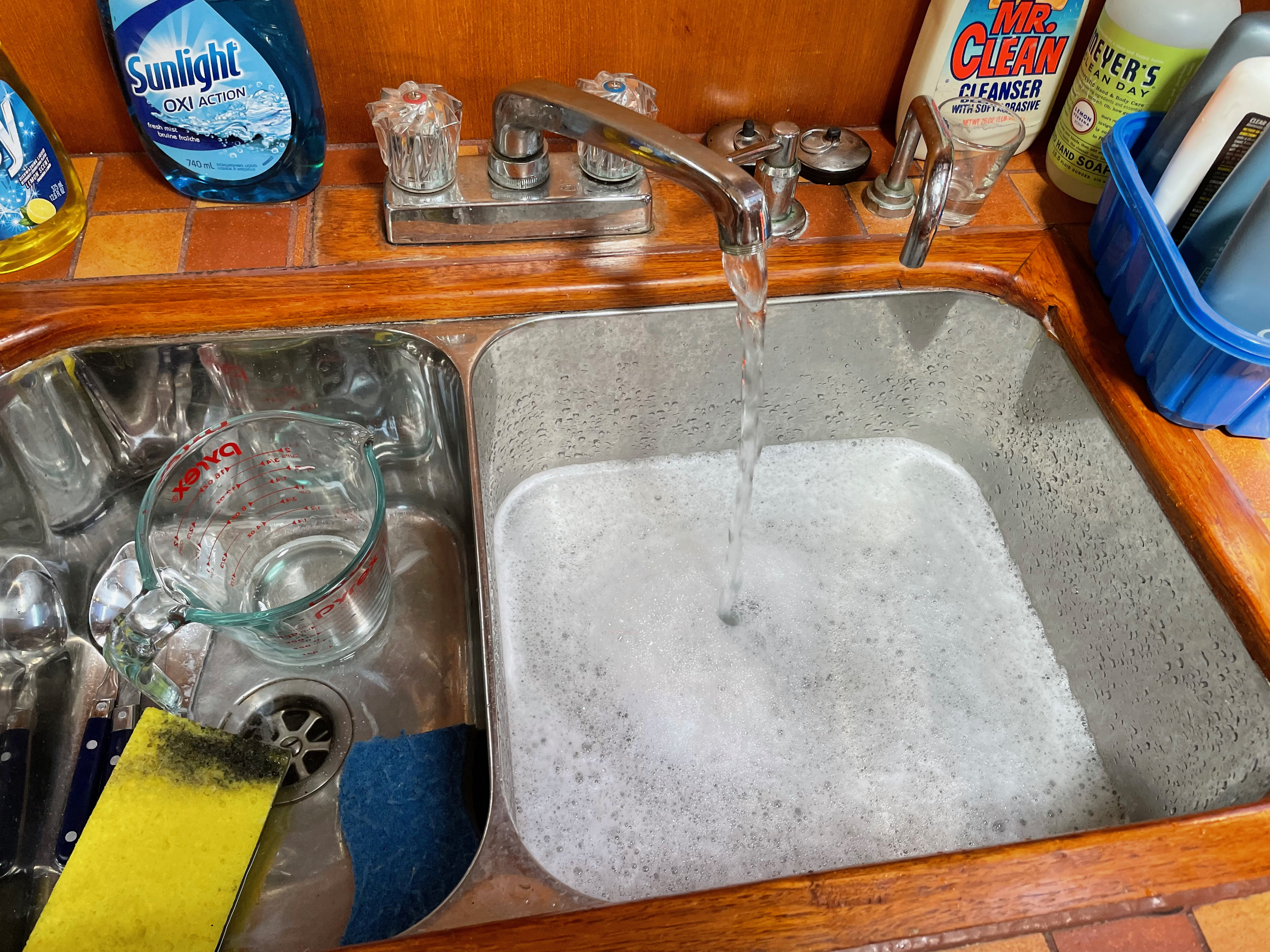 Suds in the galley sink.